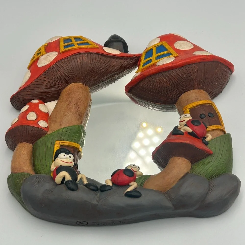 Vintage Chalkware Fairy House Mushroom Ladybug Mirror Red White Wall Juta‎ S 70s